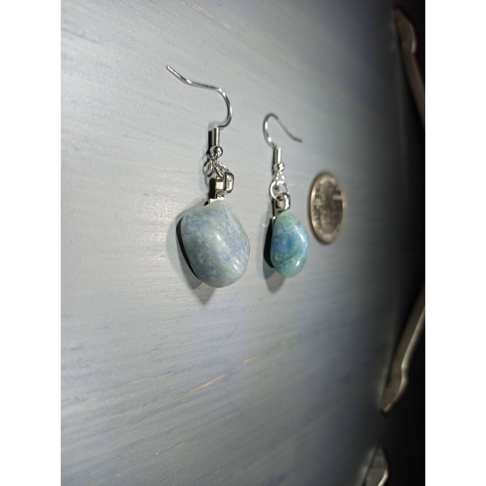 Blue Chalcedony Natural Stone Drop Earrings Nickel Free Silver Tone Boho Jewelry - Picture 5 of 5